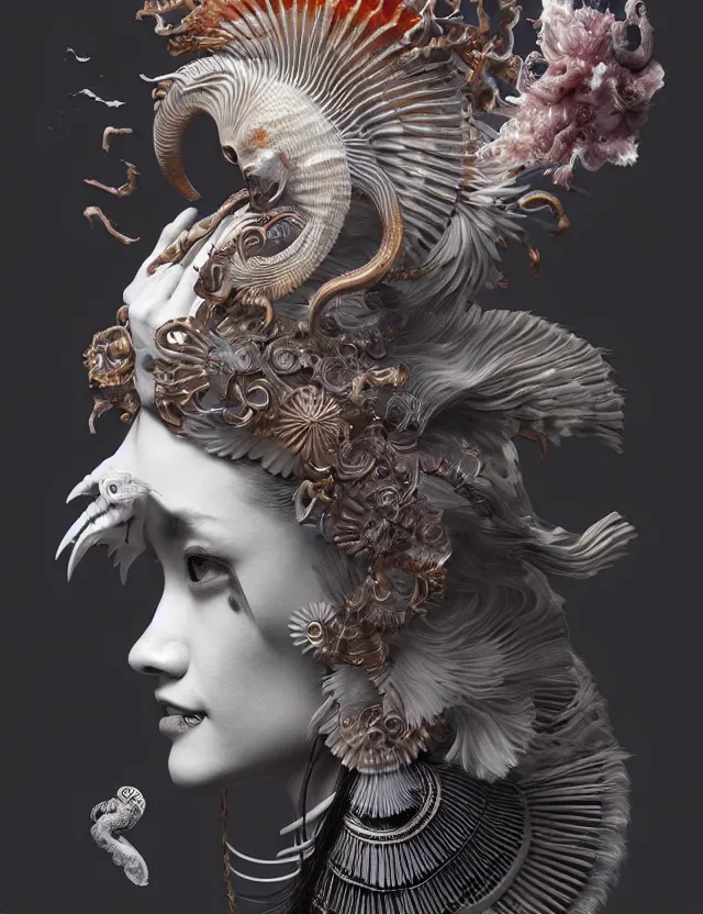 Image similar to 3 d goddess half - turn portrait with ram skull. beautiful intricately detailed japanese crow kitsune mask and clasical japanese kimono. betta fish, jellyfish phoenix, bio luminescent, plasma, ice, water, wind, creature, artwork by tooth wu and wlop and beeple and greg rutkowski