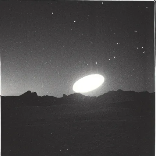 Image similar to a ufo flying over a the desert at night, distant!!, historical photo, old polaroid, expired film,