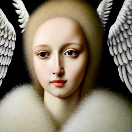 Prompt: big detailed face highdetailed hyperrealistic painting of white angel!!! no gender!!!, giant ball of miracle light from the chest!!!!!, white sparkles everywhere, 4 k hd fur face!!!, big wings, by jan van eyck, holography space, glow effect, large strokes, white monochrome color!!!!!