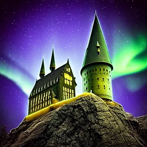 Image similar to “Hogwarts School of Witchcraft and Wizardry with the norther lights in the background. 4k, 8k, unreal 5, very detailed, hyper control-realism,.”