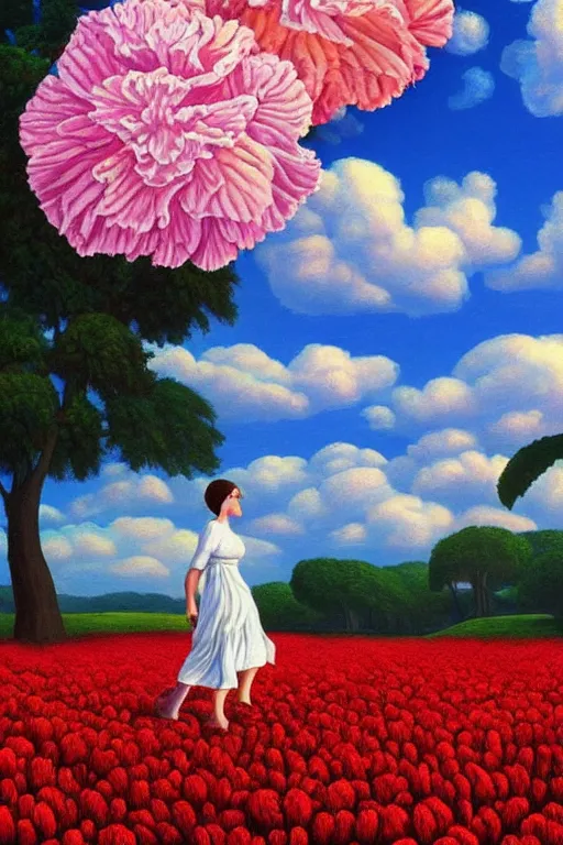 Image similar to closeup, giant carnation flower head, woman walking, surreal, clouds in sky, impressionist painting, digital painting, artstation, rob gonsalves