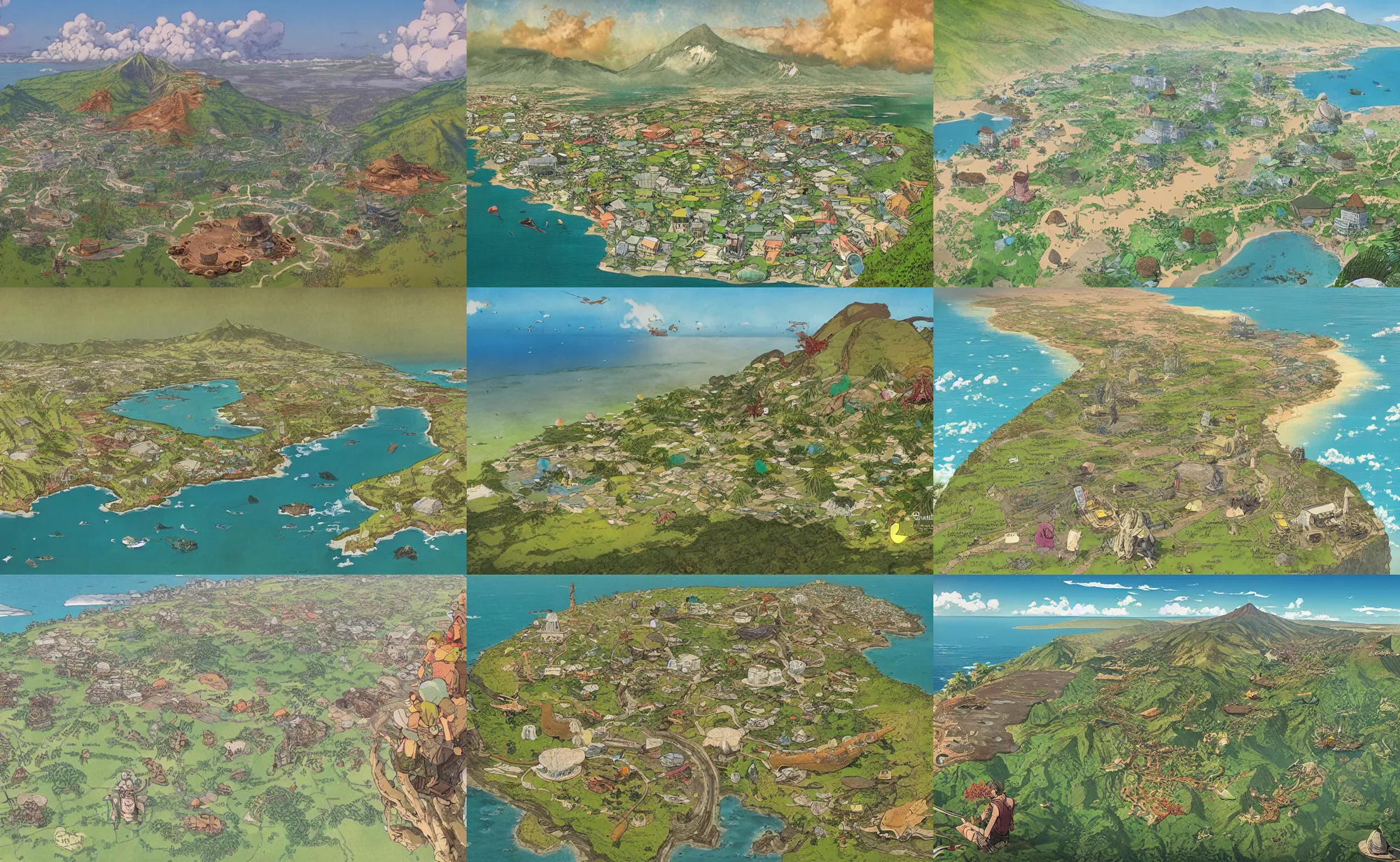 Prompt: a map of Reunion Island, fantasy painting by Studio Ghibli, by Geof Darrow, by Greg Rutkowski,trending on artstation