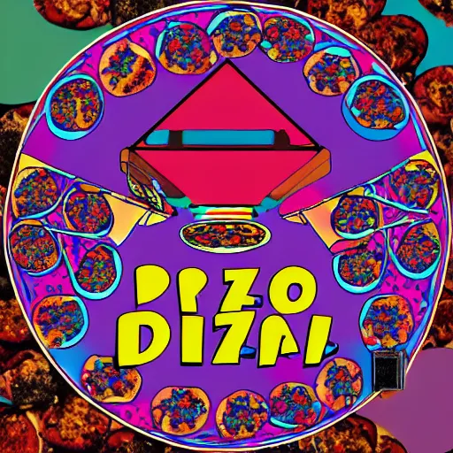 Prompt: album cover of a DJ table with pizza's for vinyl's, psychedelic, 16k, trending on artstation