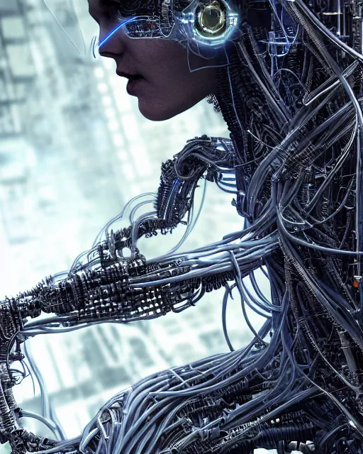 Prompt: portrait photo of a biomechanical torso of a cyborg plugged into a quantum computer with cables and wires and optic fibers. cyberpunk horror style. art by luis royo. highly detailed 8 k. intricate. nikon d 8 5 0 5 5 mm. award winning photography.