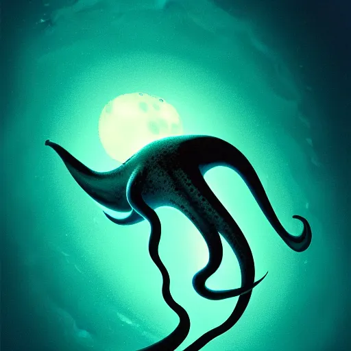 Prompt: michael phelps swimming away from a turquoise squid in the pacific ocean, closeup, portrait, moonlit, dark, ominous, illustration, volumetric light, highly detailed