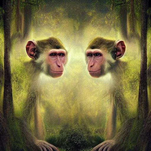 Image similar to two macaques looking at each other inside forest, digital art, soft shadows, creepy art, sun flare