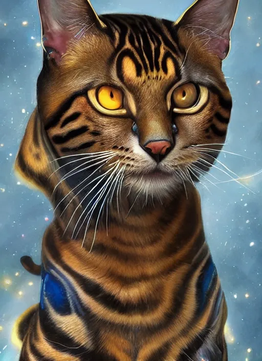 Prompt: symmetry!! portrait of a bengal cat clad in sci - fi technical battle armor, sci - fi, rgb led lights!! intricate, elegant, highly detailed, digital painting, artstation, concept art, smooth, sharp focus, illustration, art by artgerm and greg rutkowski and alphonse mucha