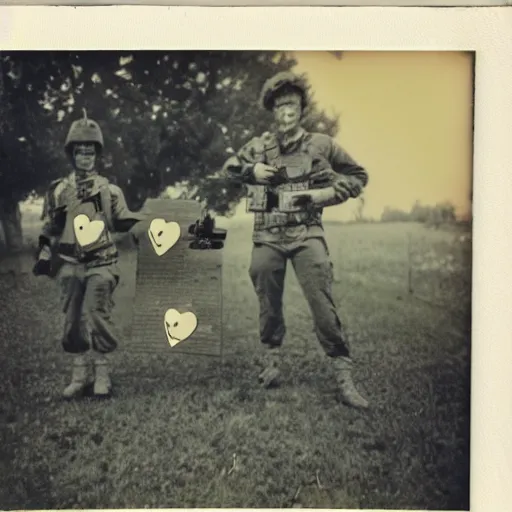 Image similar to soldiers use hearts as weapon. polaroid. old photos. vintage