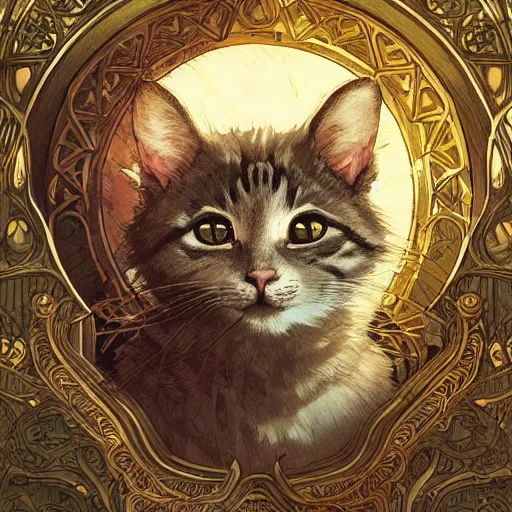 Image similar to A heraldic prince kitty cat with big cute eyes, D&D, fantasy, intricate, cinematic lighting, highly detailed, digital painting, artstation, concept art, smooth, sharp focus, illustration, art by Akihiko Yoshida, Greg Rutkowski and Alphonse Mucha