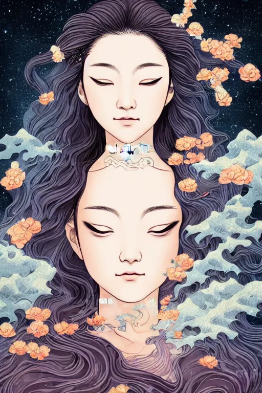 Image similar to beautiful young heroine portrait like twice tzuyu+happy+smoky eyes+front face with light flowing hair smiling, great wave of hokusai, illustration, fantasy, acryllic spill, intricate complexity, Chinese, goddess, holy, divine, rule of thirds, in the style of Kazuki Tanahashi, ultradetail face by tian zi and WLOP and alphonse mucha, fantasy character concept, watermark, blurry, 8k