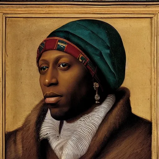 Image similar to a renaissance portrait painting of talib kweli by giovanni bellini