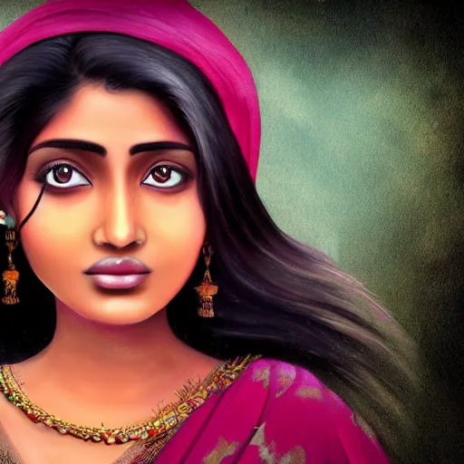 Image similar to a matte painting of a beautiful Bengali girl, trending on Art Station