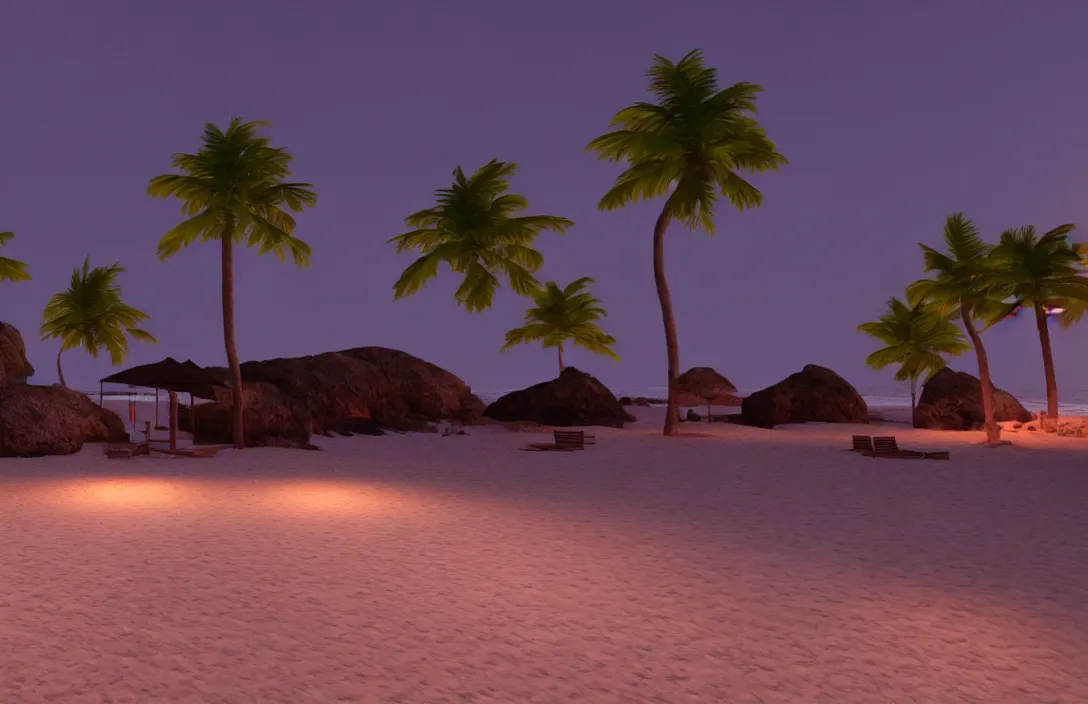 Prompt: on the beach, at night, unreal engine rendering