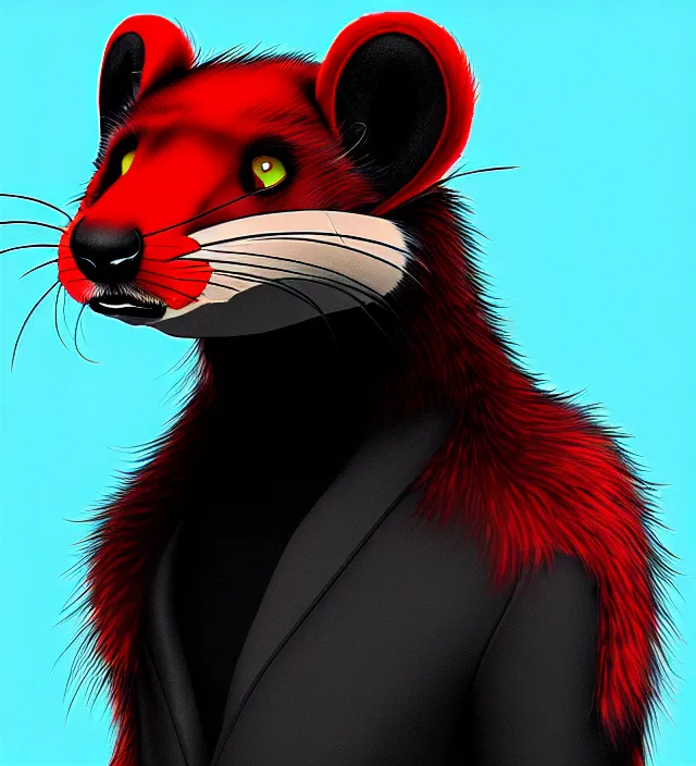 Image similar to furry - male - red - black - weasel - detective - fursona, ray tracing, photorealistic, trending on weasyl