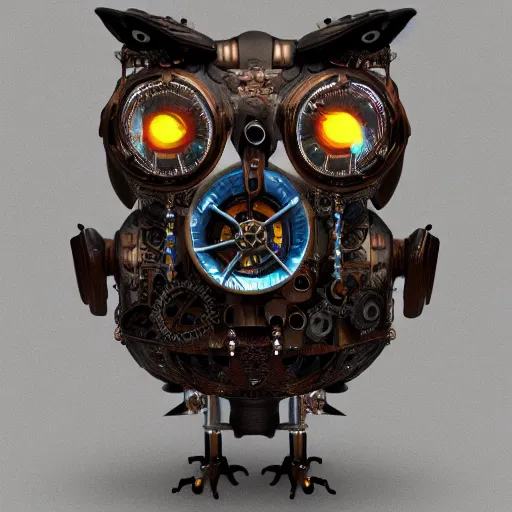 Prompt: render of a mechanical owl, steampunk style, 8k