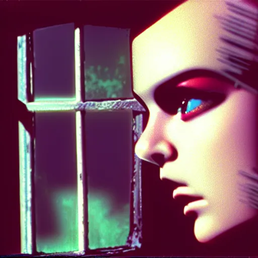 Image similar to worried, beautiful android looks out at you through the window in a dirty abandoned factory, short spiky blonde hair, cyberpunk outfit, kodachrome