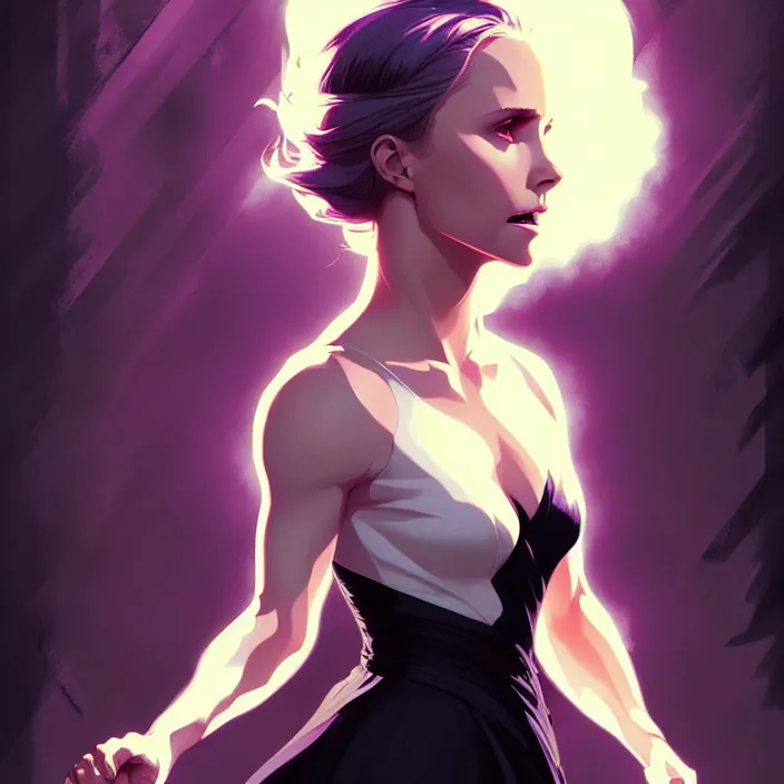 Image similar to style artgerm, joshua middleton, hubert robert, beautiful kristen bell with black dress, very long white hair, symmetrical face, symmetrical eyes, purple fire powers fire swirling, detailed, forest setting, cinematic lighting