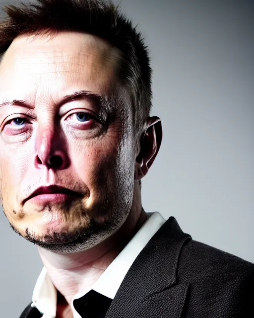 Prompt: closeup prison mugshot of elon musk, dramatic lighting, dirty business suit, low saturation, somber expression, filthy hair, rugged textured face, soft vignette, soft focus, 5 0 mm, 4 k, photograph by annie leibovitz