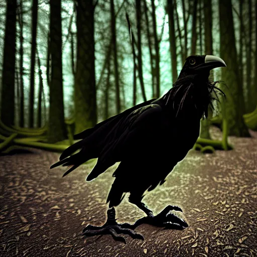 Image similar to werecreature consisting of a human and crow, photograph captured in a forest