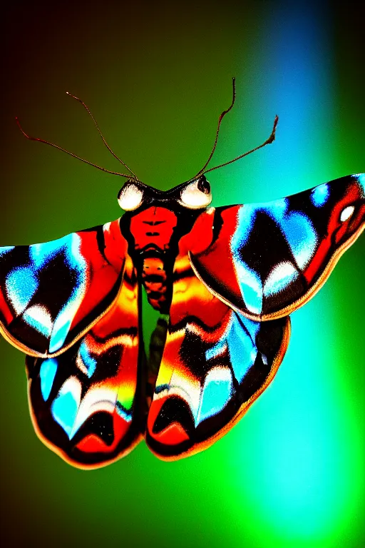 Prompt: high quality macro photo iridescent cecropia moth! jeweled gorgeous! highly detailed concept art david ligare elson peter cinematic neon lighting high quality low angle hd 8k sharp shallow depth of field