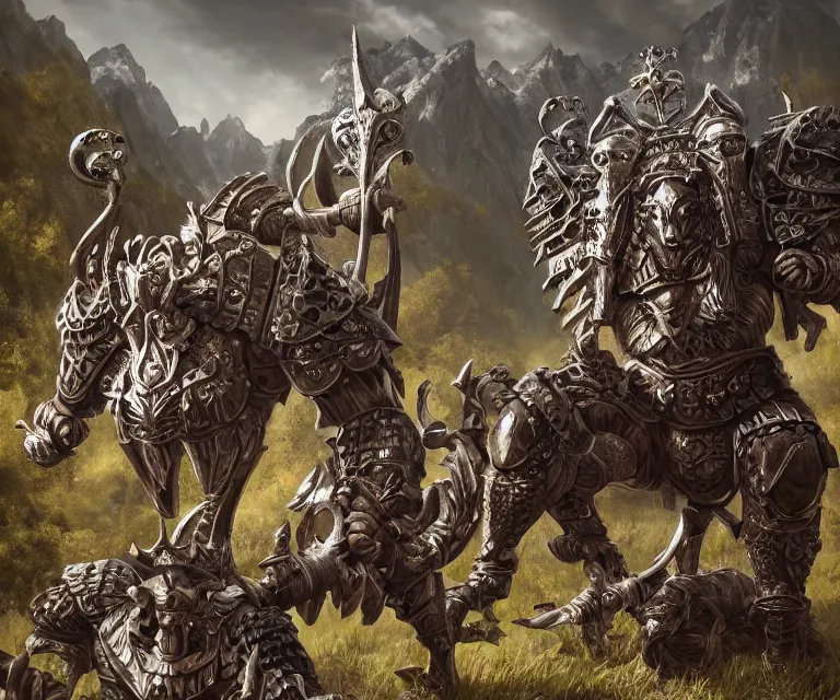 Image similar to trailcam footage grotesque horrific stylistic vray 3 d render of warhammer, silver ornate armor slim bodybuilder warriors, mountains and giant gothic abbeys, hyperrealism, fine detail, 8 k, artsation contest winner, cgsociety, fantasy art, cryengine, brush strokes, oil canvas by mandy jurgens and michael whelan