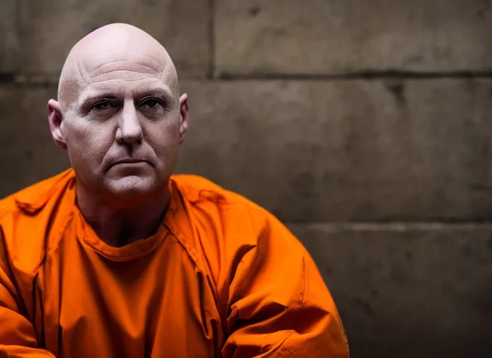 Image similar to photo of bald!!! donald trump!!! donald trump trump shaved head no hair!!! no hair!!! old white pasty skin sitting in a jail cell!!! wearing an!!! orange jumpsuit!!!, defocused bars in the foreground, 8 k, 8 5 mm f 1. 8