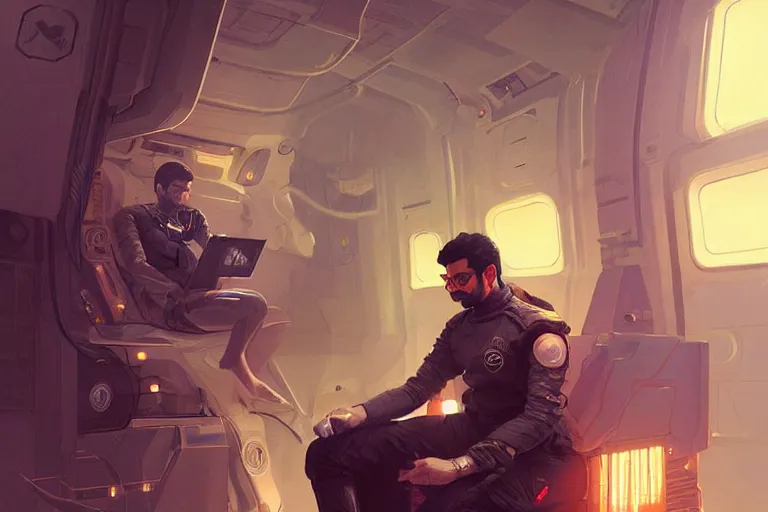 Image similar to Sensual good looking pale young Indian doctors wearing Deus Ex clothing in a space station above Earth, portrait, elegant, intricate, digital painting, artstation, concept art, smooth, sharp focus, illustration, art by artgerm and greg rutkowski and alphonse mucha