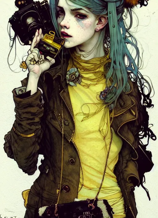 Image similar to highly detailed portrait of a moody sewerpunk young adult lady with a harris tweed holdy by krenz cushart, by artem demura, by alphonse mucha, by kaethe butcher, gradient yellow, black, brown and cyan color scheme, grunge aesthetic!!! ( ( graffiti tag city background ) )