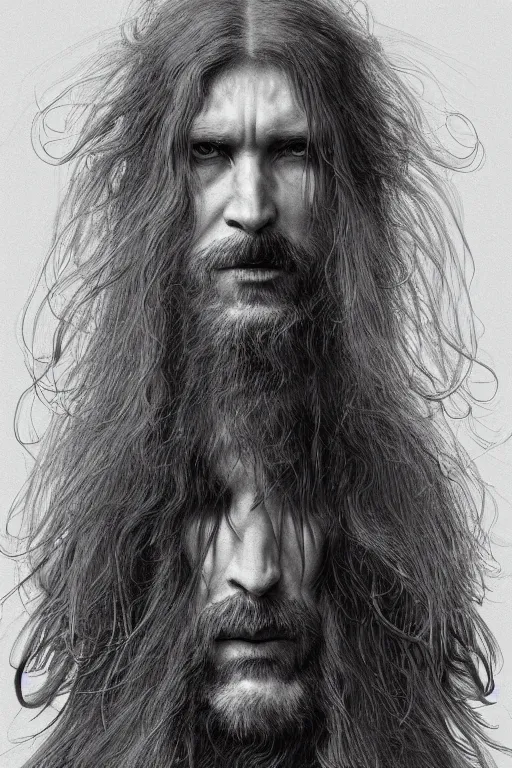 Prompt: portrait of a white man with long hairs, art by James Jean and Wayne Barlowe, high detail, cinematic, cgsociety 8k