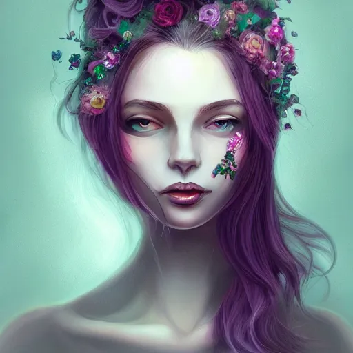 Image similar to character concept portrait of a woman with pale face, flowerpunk, intricate, elegant, digital painting, concept art, smooth, focus,