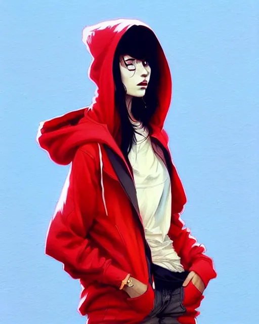 Image similar to a ultradetailed painting of a stylish girl in a oversized hoodie by conrad roset, greg rutkowski and makoto shinkai trending on artstation
