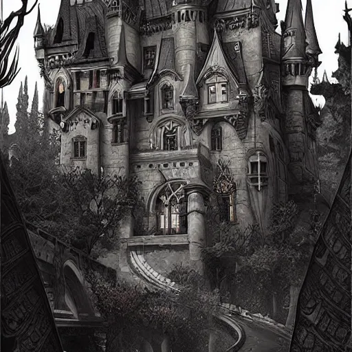 Prompt: a fantasy goth castle on hill, digital art, photorealistic, dark theme, smooth, sharp focus, artgerm, alphonse mucha