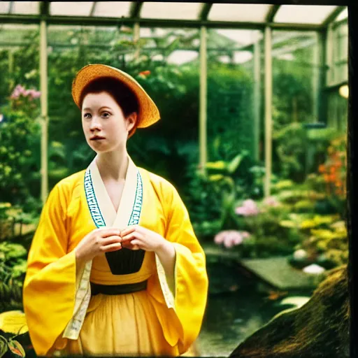 Prompt: Photograph. Film still. of a young woman!!! wearing a yellow kimono in a tropical greenhouse, by Carl Larsson Extremely detailed. 4K. 35 mm lens