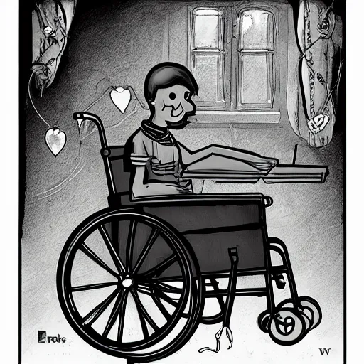 Prompt: storybook illustration of a gaming wheelchair, storybook illustration, monochromatic