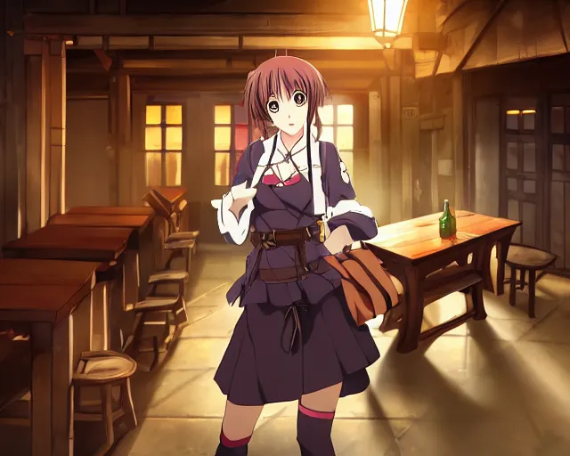 Prompt: key anime visual portrait of a young female with luggage in a tavern interior, dynamic pose, dynamic perspective, cinematic, dramatic lighting, muted colors, fine detail, textured, big detailed anime eyes outlined, anime proportions