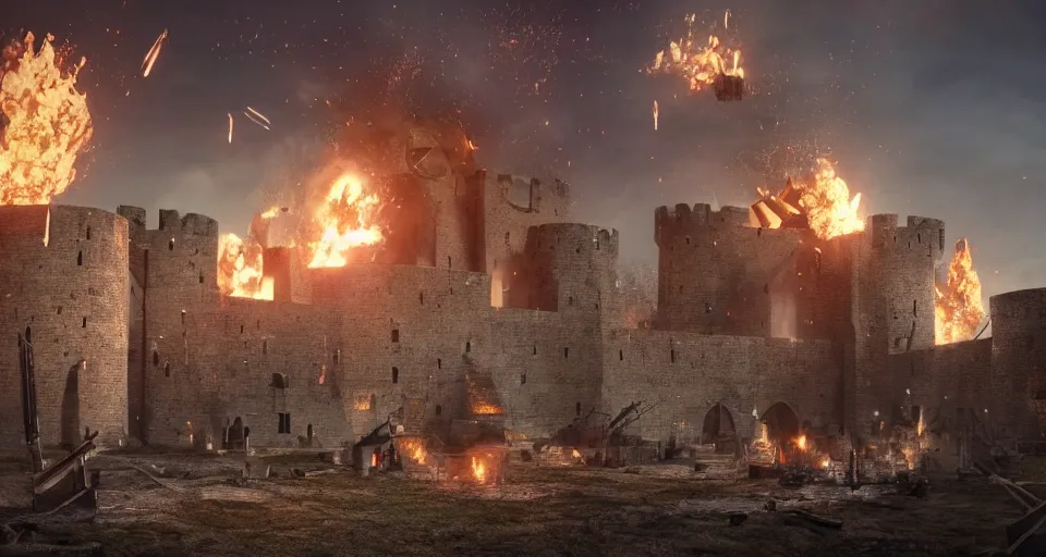 Prompt: five giant and powerful medieval trebuchets fireing on a medieval fortress, destroying the walls, fire and explosion, debris flying around, octane render, unreal engine