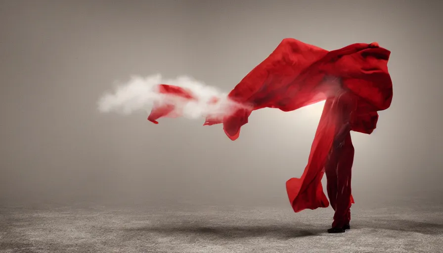 Prompt: a smoke - figure covered by red cloth that's blowing in the wind standing in a beautiful penthouse with atmospheric light, digital art, concept art, cloth simulation with houdini, octane, redshift, 8 k