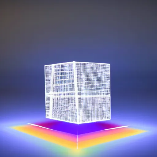 Prompt: 3 d render of an ultrarealistic photograph of a very clear and crystal cube with a high - powered laser shooting light into the cube and dispersing full spectrum rainbow light beautifully into onto the surrounding surfaces, light dispersion, light effects, 3 d render, octane render, luxcore render, visual caustics, light dispersion, 8 k