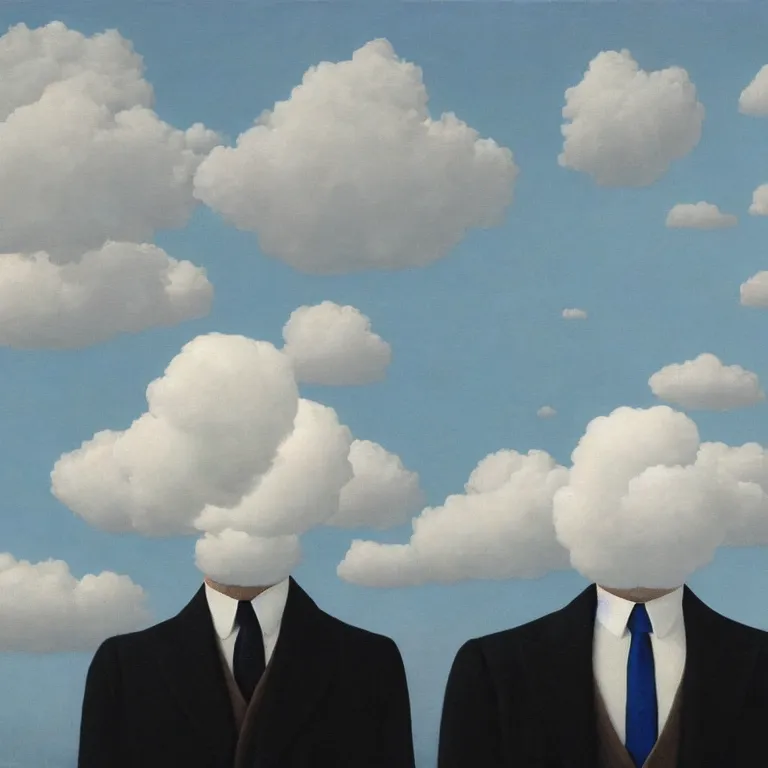 Image similar to portrait of a faceless cloud - head man in a suit, clouds in the background, by rene magritte, detailed painting, distance, middle centered, hd, hq, high resolution, high detail, 4 k, 8 k