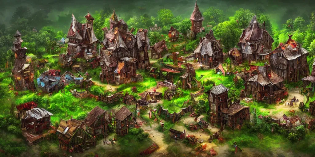 Image similar to Fantasy village, !!built on PC motherboard!!, trees, green plants, broken parts, wooden houses, mold, tiny villagers, !PC hardware!, high quality, trending on artstation, highly detailed