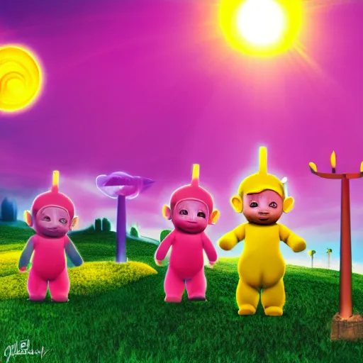 Image similar to the teletubbies making a sacrifice to please the baby sun god, digital art, high quality, high resolution