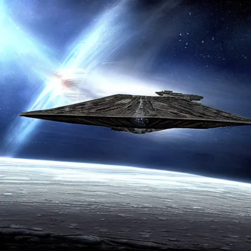 Image similar to epic view of a star destroyer above jupiter, concept art