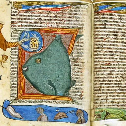 Image similar to medieval illuminated manuscript bible page depicting jonah in the belly of the whale