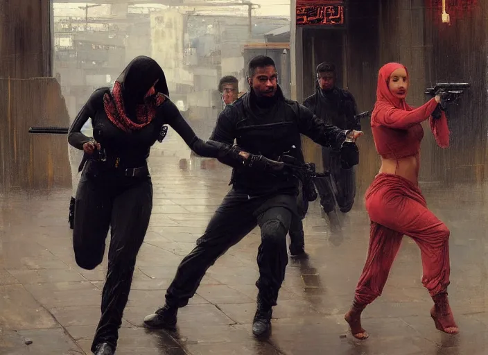 Prompt: Maria Igwe evades sgt Griggs. Cyberpunk hacker escaping police troopers (blade runner 2049). Gorgeous face. Iranian orientalist portrait by john william waterhouse and Edwin Longsden Long and Theodore Ralli and Nasreddine Dinet, oil on canvas. Cinematic, hyper realism, realistic proportions, dramatic lighting, high detail 4k
