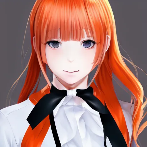 Prompt: luxury advertisement, astonishing portrait of a very beautiful anime high-school girl with light orange hair twintails, white ribbon, full perfect face, realistic, highly detailed background, artstation, 120 degree view, drawn by Sasoura, Satchely and Akihiko Yoshida, no distortion