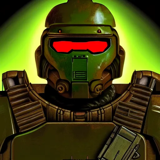 Image similar to portrait of doomguy from game doom, highly detailed, 8 k render centered, digital painting