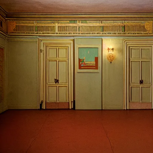 Image similar to twins in an soviet golden liminal abandoned room, film still by wes anderson, depicted by balthus, limited color palette, very intricate, art nouveau, highly detailed, lights by hopper, soft pastel colors