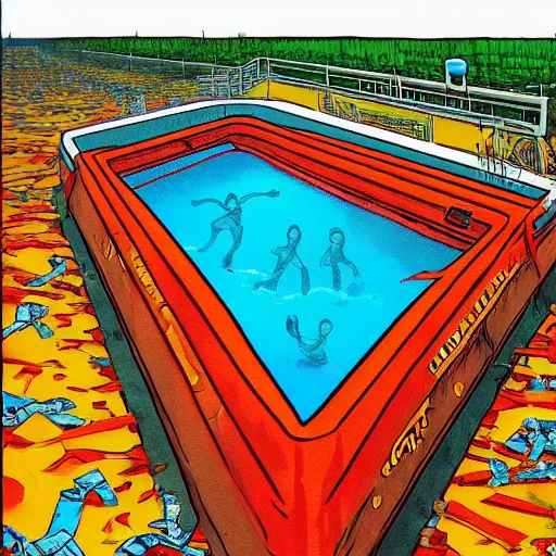 Image similar to big pool sunk in the ground like a damn garbage can, in the style of ron english, in the secondary style of matt bors, by david wojnarowicz, shock art, poster art, 8 k concept art, trending on behance