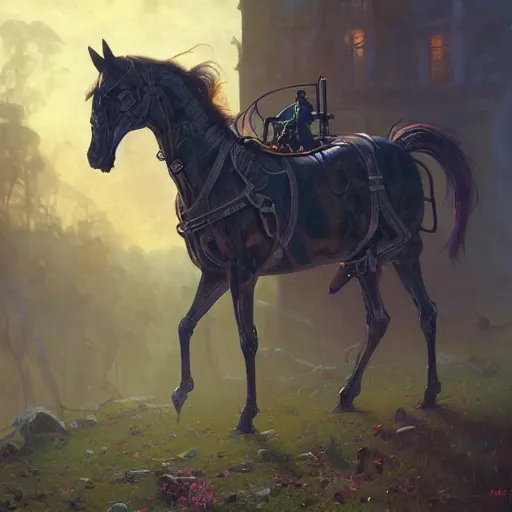 Image similar to oil painting of a gothic horse by Simon Stålenhag, by Stanley Artgerm Lau, Greg Rutkowski,Thomas Kindkade,Alphonse Mucha, Loish, Norman Rockwell, trending on artstation , rule of thirds, Highly detailed, anatomically correct, dramatic lighting, fashion, oil on canvas