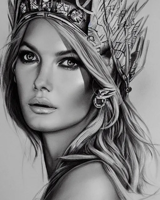 Prompt: realism tattoo sketch of jennifer hawkins as a beautiful greek goddess aphrodite with piercing eyes wearing a laurel wreath and triangle earrings, in the style of greg rutkowski, amazing detail